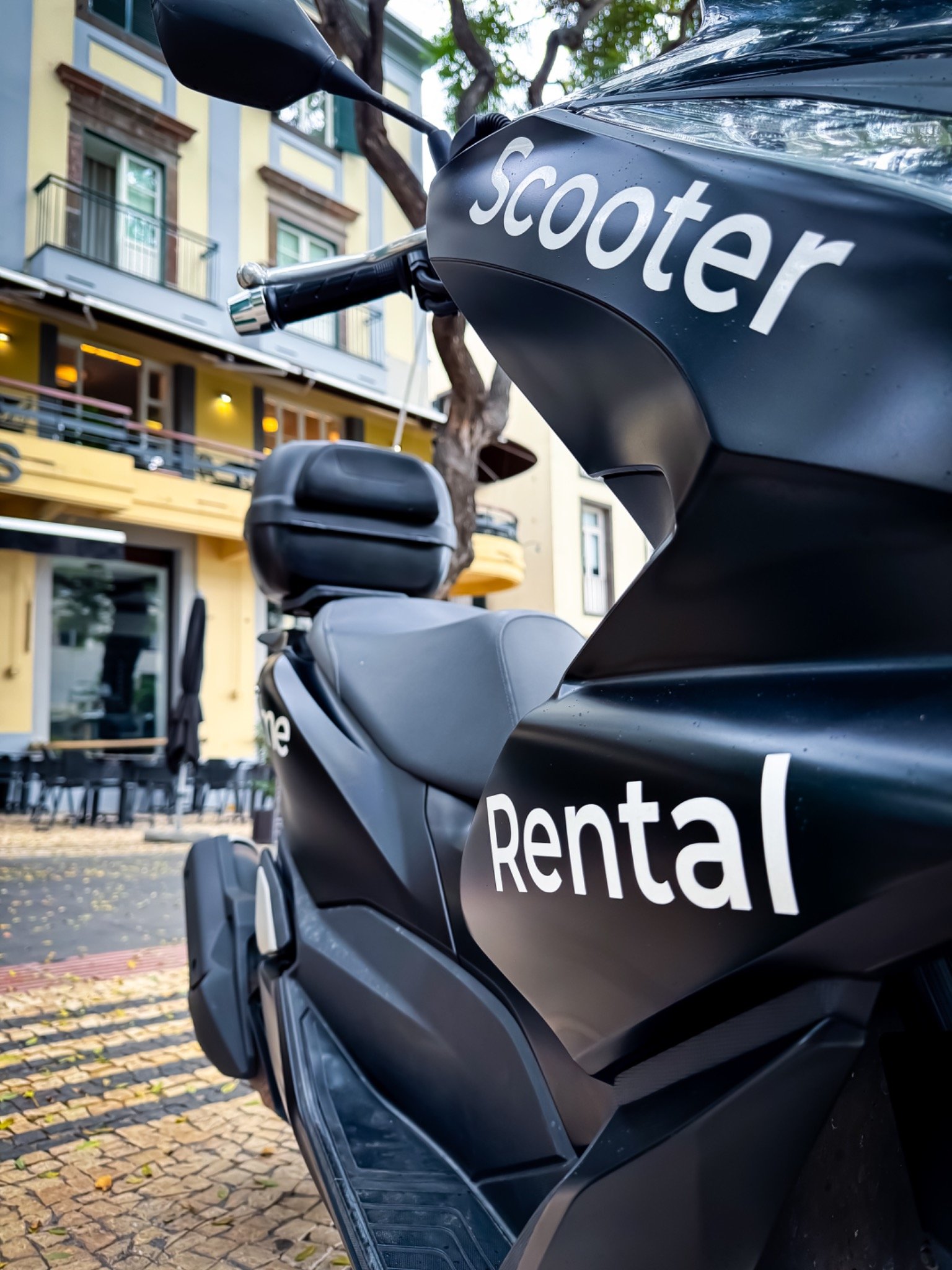 Close-up of a black Olin rental scooter with passenger backrest in Funchal